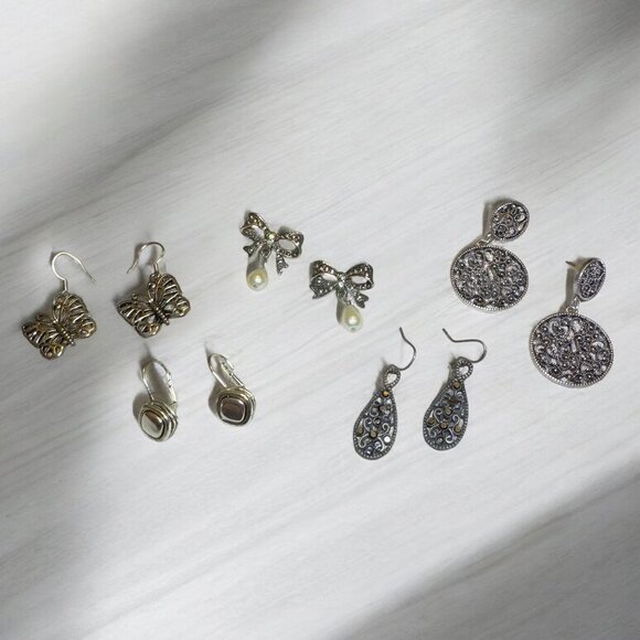 Lot 5 pairs Silver Tone Pierced Earrings Marcasite, Faux Pearls, Various Shapes - Picture 1 of 6